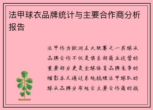 法甲球衣品牌统计与主要合作商分析报告